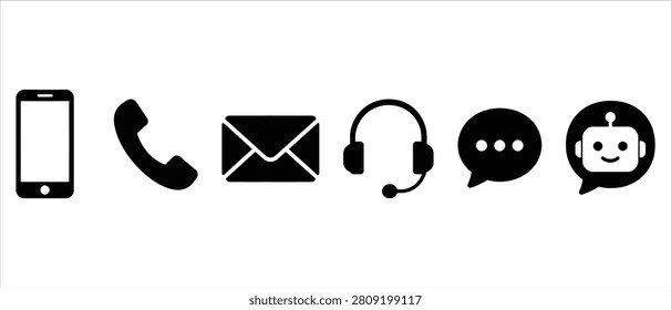 Set of monochrome communication and support service icons with communication technology customer business phonecall envelope dialogue internet interface connection assistance operator