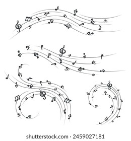 set of monochrome compositions with musical notes and Treble clef