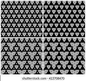 Set of monochrome connect mesh and triangle seamless pattern background vector