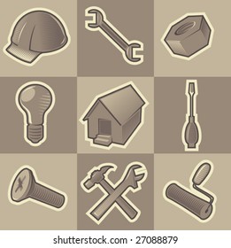 Set of monochrome construct retro icons. Hatched in style of engraving. Vector illustration.