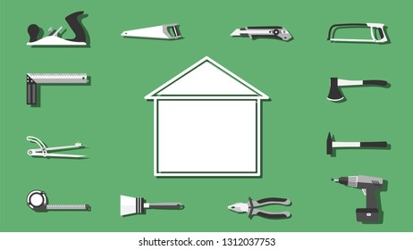 A set of monochrome construction tool icons with copy space. House icon in the center. Wide angle eps10 vector illustration