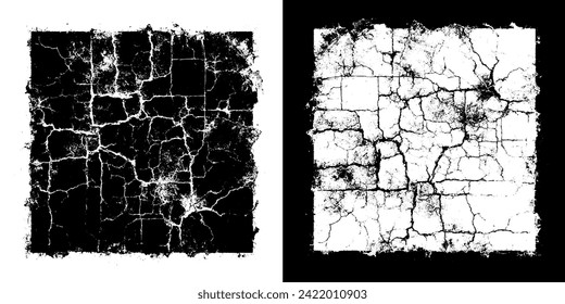 Set of the monochrome cracked texture of the cracked concrete surface. Distressed overlay texture of cracked wall, stone, or asphalt.