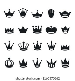 Set of monochrome crown icons, isolated on white background. Vector illustration.