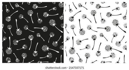 Set of monochrome dandelion seeds seamless repeat pattern. Random placed, vector blowball flowers all over surface print.