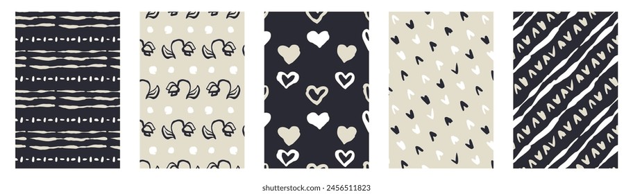 Set of Monochrome dark blue and beige sketchy shapes and flowers cards. Vintage folk abstract stripes posters bundle