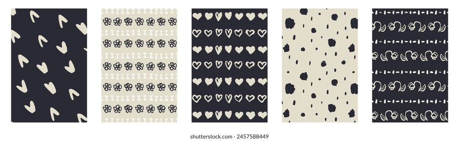 Set of Monochrome dark blue and beige sketchy shapes and flowers cards. Vintage folk abstract stripes posters bundle