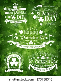 Set of monochrome decoration elements for St. Patrick's Day with green abstract background