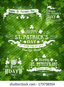 Set of monochrome decoration elements for St. Patrick's Day with green background