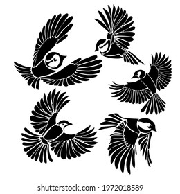 Set of monochrome decorative birds. Vector illustration