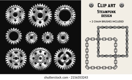 Conjunto con elementos de diseño de época monocromático. Arcos de plata, cepillos de patrón de cadenas metálicas, remaches sobre fondo blanco y negro. Ilustración vectorial aislada. Estilo Steampunk