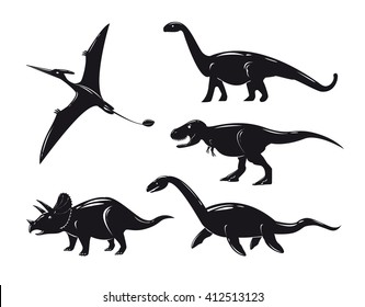 Set of monochrome dinosaurs isolated on white background. Vector illustration.