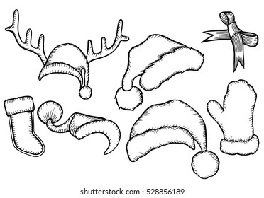 Set of monochrome doodle hats Santa Claus. Template Christmas hat for design, decorating cards and collages.