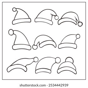 Set of monochrome doodle Santa Claus hats. Christmas hat for design, decorating cards, coloring and collages. Winter festive headgear.