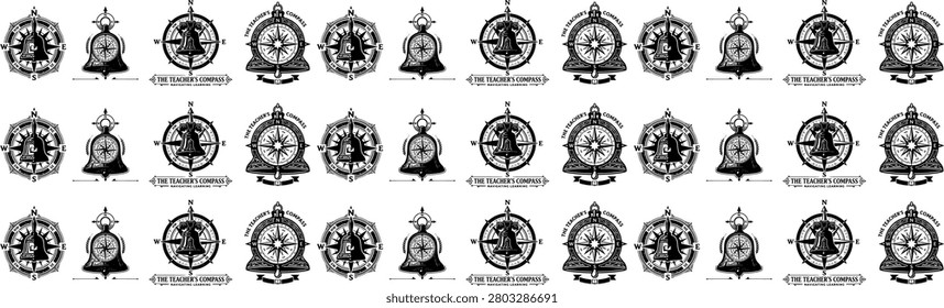 Set of monochrome education emblems featuring antique bells and compasses for academic guidance