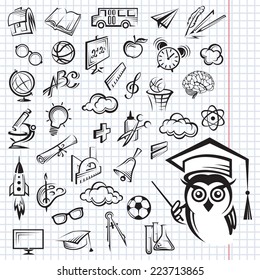set of monochrome education icons on the notebook sheet 