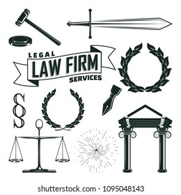 Set of monochrome elements for law firm vintage logo design, Sword and pen, leyer scales and judicial hummer, Laurel wreath and paragraph sign and portico, isolated on white background, vector