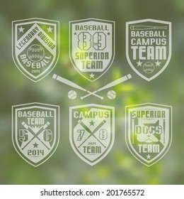 Set of monochrome emblems  baseball team on blurred background