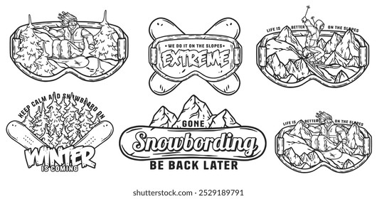 Set of monochrome emblems featuring snowboarders enjoying winter sports, perfect for designs related to snowboarding, winter adventures, and extreme sports