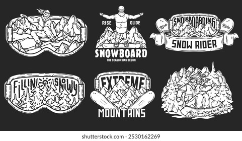 Set of monochrome emblems featuring snowboarders enjoying winter sports, perfect for designs related to snowboarding, winter adventures, and extreme sports