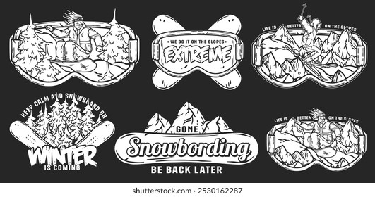 Conjunto de emblemas monocromáticos com snowboarders desfrutando de esportes de inverno, perfeito para projetos relacionados a snowboard, aventuras de inverno e esportes radicais