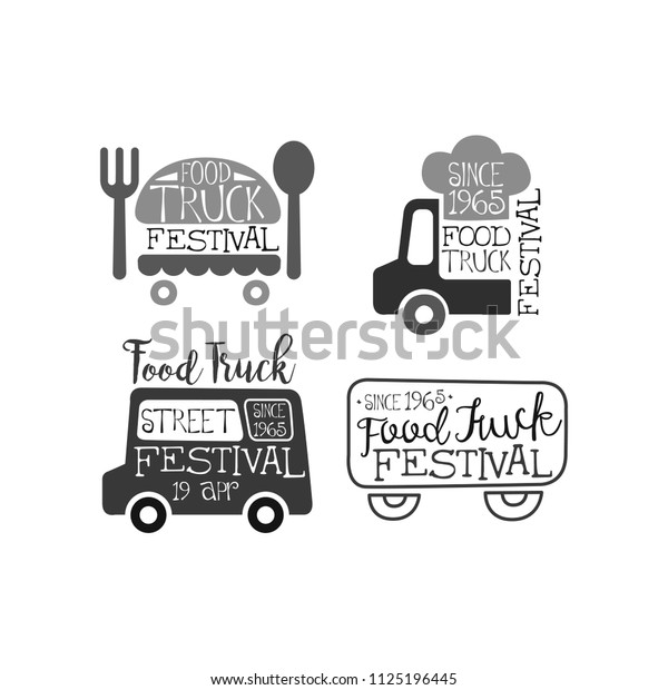 Set of monochrome emblems for food truck festival.\
Original logos with vans, chef s hat, fork and spoon. Vector for\
advertising poster