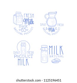 Set of monochrome emblems for milk production business. Fresh and natural dairy product. Creative vector logo templates in sketch style