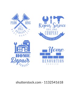Set of monochrome emblems for repair services. Blue vector logos with working tools, buildings and brick wall. House renovation company symbol