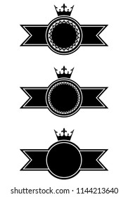 Set of monochrome empty vintage badges. Crowns and ribbons templates for graphic design of logo, emblem, symbol, sign, label, stamp, isolated on white background. Vector illustration.