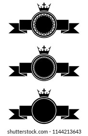 Set of monochrome empty vintage badges. Crowns and ribbons templates for graphic design of logo, emblem, symbol, sign, label, stamp, isolated on white background. Vector illustration.