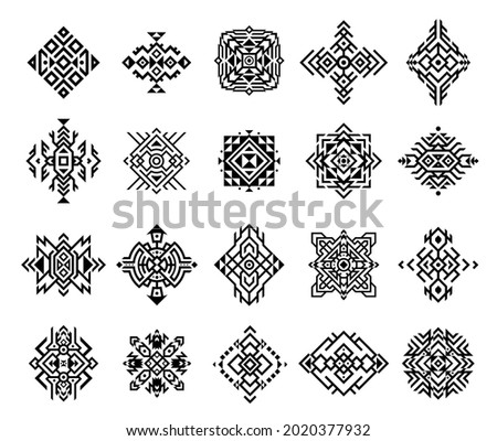 Set of monochrome ethnic ornament vector flat illustration. Collection of classical tribal aztec tattoo design isolated. Abstract decorative unique ornamental pattern vintage angle flower with petal