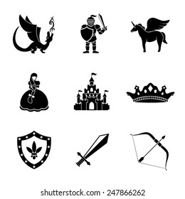 Set of monochrome fairytale (game) icons with - sword, bow, shield, knight, dragon, princess, crown, unicorn, castle. Vector