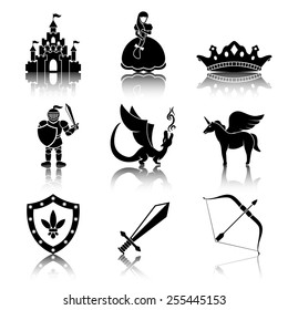 Set of monochrome fairytale (game) icons with reflections  - sword, bow, shield, knight, dragon, princess, crown, unicorn, castle. Vector