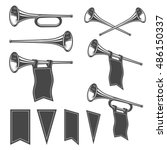 Set of monochrome fanfares with flags. Perfect for logo, emblem, badge and label