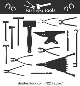 Set Of Monochrome Farrier`s Tools Icons And Elements For Your Design. Vector Illustration.