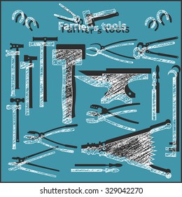 Set of monochrome farrier`s tools icons and elements for your design. Vector illustration.