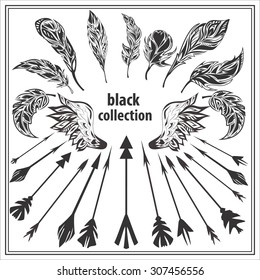 Set monochrome feathers wings and arrows on a white background. Isolated decorative elements for design. Vector illustration