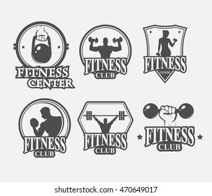 set of monochrome fitnes emblems, labels, badges, logo and designed elements