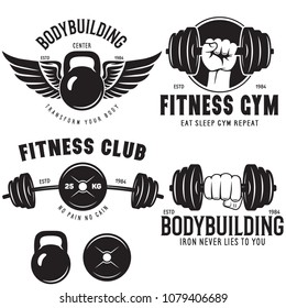 Set of monochrome fitness emblems, labels, badges, logos and designed elements. Vintage gym logo templates. Vector illustrations.