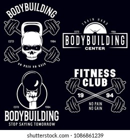 Set of monochrome fitness emblems, labels, badges, logos and designed elements. Vintage gym logo templates. Vector illustrations.