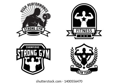Set of monochrome fitness emblems, labels, badges and designed elements. Vintage bodybuilding logo templates. Vector illustration