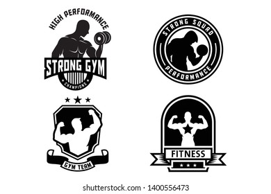 Set of monochrome fitness emblems, labels, badges and designed elements. Vintage bodybuilding logo templates. Vector illustration