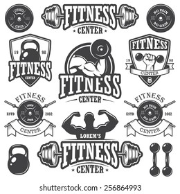 Set of monochrome fitness emblems, labels, badges, logos and designed elements.