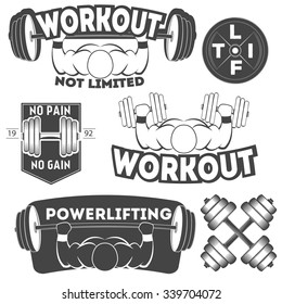 Set of monochrome fitness emblems, fitness labels,fitness badges, fitness logos and  fitness gym designed elements for your projects, prints, cards, invitations. Sport illustration. Gym equipment