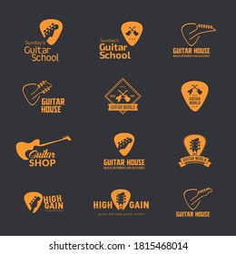Set of monochrome flat music logos with guitars and bass guitars. For music stores, websites, blogs, music schools. Web & Print Ready