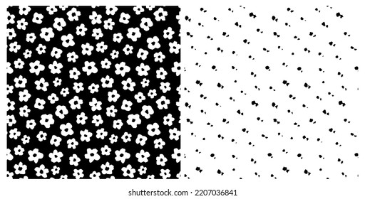 Set Of Monochrome Flowers And Dots Seamless Repeat Pattern. Cute, Little Ditsy Daisies And Spotted All Over Surface Print On White And Black Backgrounds.