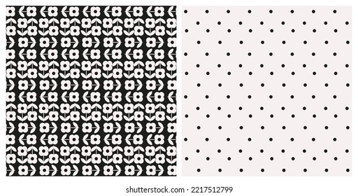 Set Of Monochrome Flowers With Leaves And Dotted Seamless Repeat Pattern. Bundle Of Two, Vector Floral And Polka Dot All Over Prints In Black And White.