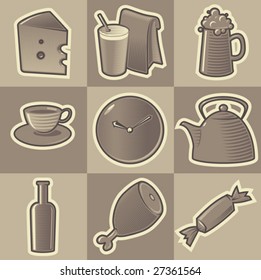 Set of monochrome food retro icons. Hatched in style of engraving. Vector illustration.