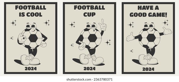 a set of monochrome football posters. Comic character soccer ball. Vector illustration on a sports theme in the trendy retro style of the 50s.