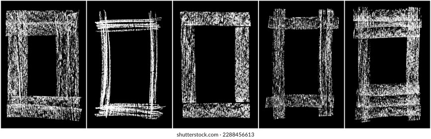 Set of Monochrome Frame for Design.  Scribble hand drawn in chalk on black background. Shabby white texture. Rusted effect. Digitally generated image. Vector illustration, Eps 10. 