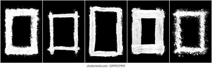 Set of Monochrome Frame for Design.  Scribble hand drawn in chalk on black background. Shabby white texture. Rusted effect. Digitally generated image. Vector illustration, Eps 10. 